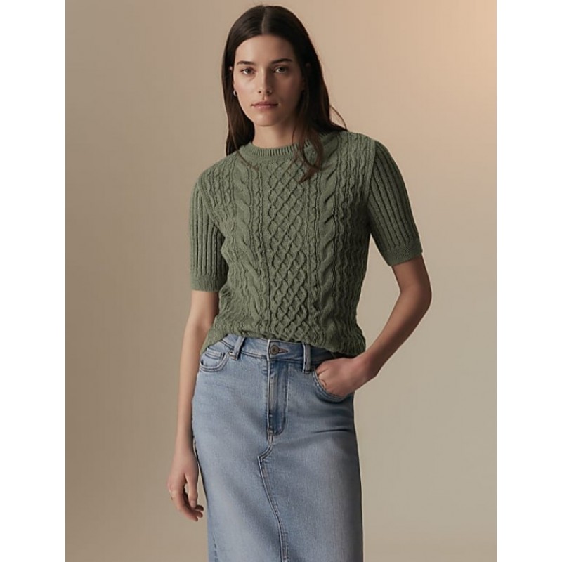 Pure Cotton Cable Knit Short Sleeve Top Light khaki