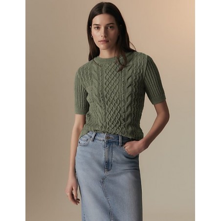 Pure Cotton Cable Knit Short Sleeve Top Light khaki