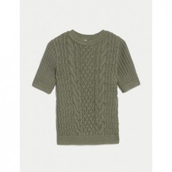 Pure Cotton Cable Knit Short Sleeve Top Light khaki