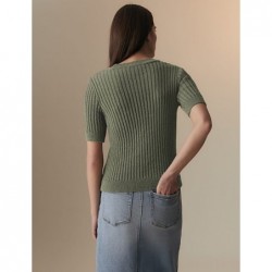 Pure Cotton Cable Knit Short Sleeve Top Light khaki