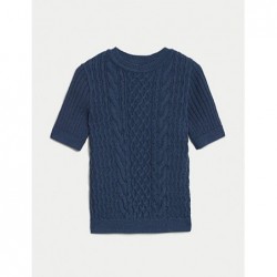 Pure Cotton Cable Knit Short Sleeve Top Air force blue