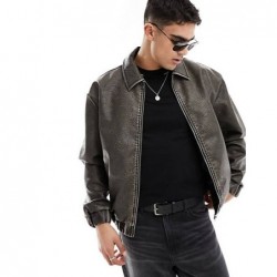 ASOS DESIGN oversized distressed faux leather bomber jacket in brown