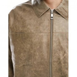 ASOS DESIGN oversized real leather harrington jacket in washed stone