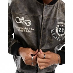 ASOS DESIGN oversized distressed leather varsity jacket in black