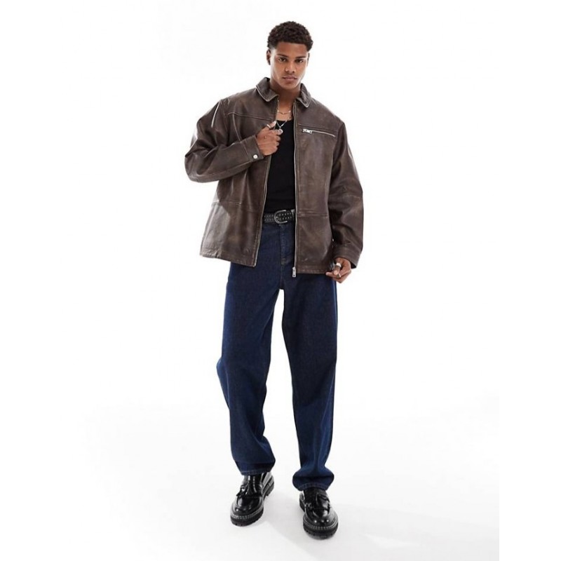 ASOS DESIGN oversized cut and sew motocross harrington jacket in brown