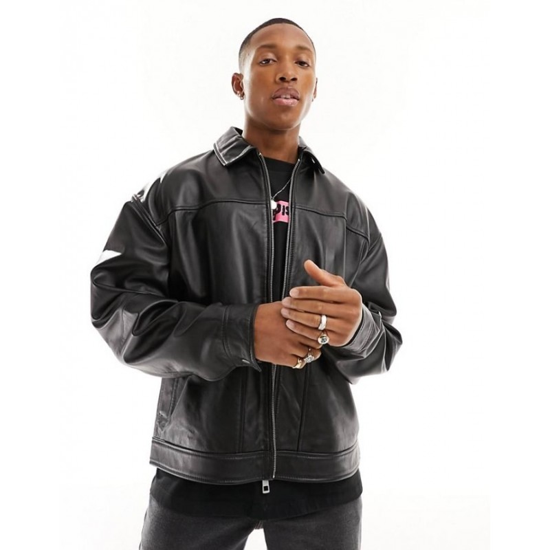 ASOS DESIGN real leather oversized harrington jacket in black