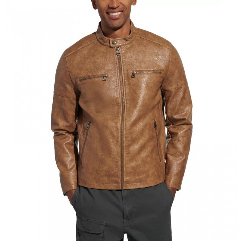 Men's faux leather racing tan jacket