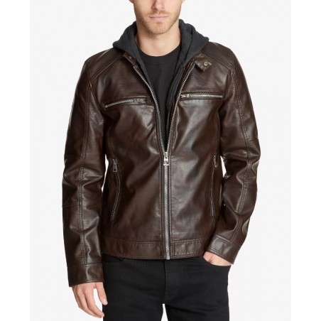 Men's faux leather motorcycle jacket with detachable hood Dark Brown