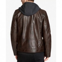 Men's faux leather motorcycle jacket with detachable hood Dark Brown