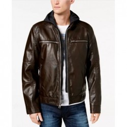 Men's faux leather motorcycle jacket with detachable hood Dark Brown