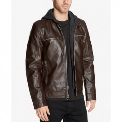 Men's faux leather motorcycle jacket with detachable hood Dark Brown