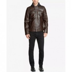 Men's faux leather motorcycle jacket with detachable hood Dark Brown