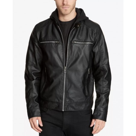 Men's faux leather motorcycle black jacket with detachable hood