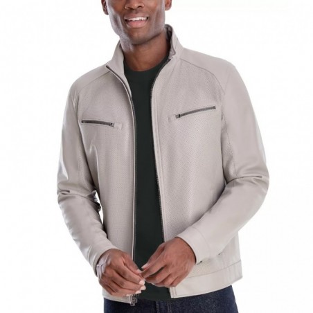 Men's Perforated Faux Leather Moto Jacket in Off-White, Exclusive to Macy's