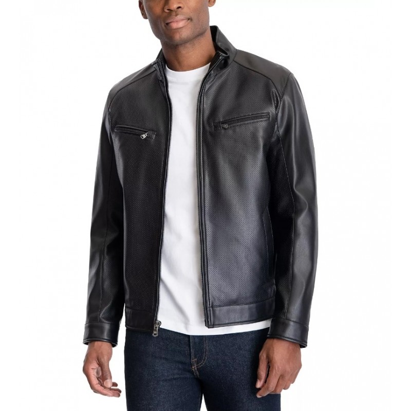 Men's Perforated Faux Leather Moto Jacket, Created for Macy's