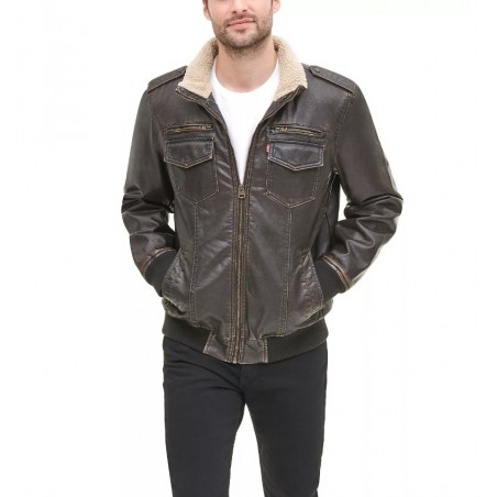 Men's Sherpa lined faux leather dark brown bomber jacket