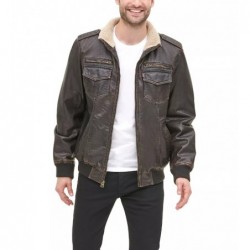 Men's Sherpa lined faux leather dark brown bomber jacket