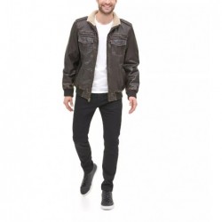 Men's Sherpa lined faux leather dark brown bomber jacket