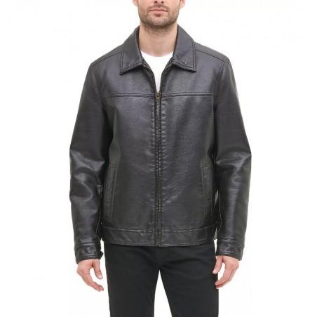 Men's faux leather dark brown flat collar jacket