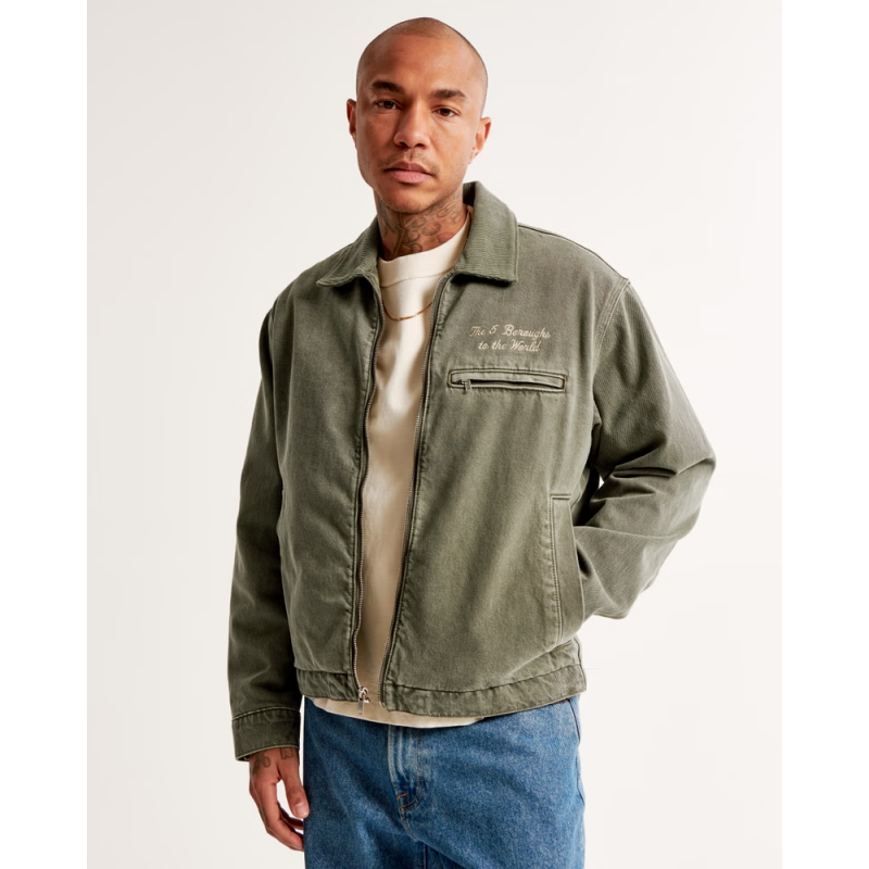 Cropped Zip-Up Olive Green Cargo Jacket