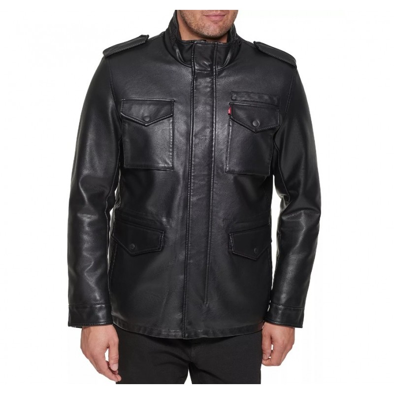 Men's Faux Leather Four Pocket Field Jacket