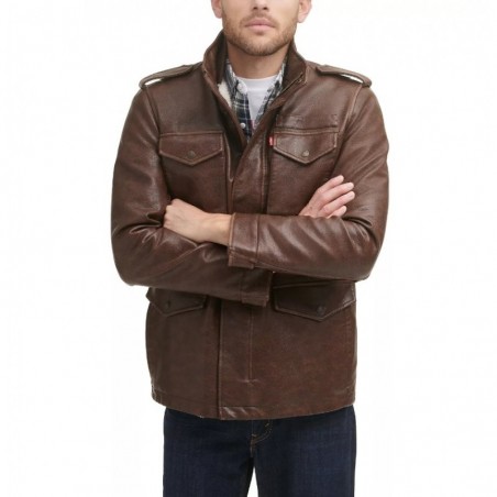 Men's faux leather four-pocket brown field jacket