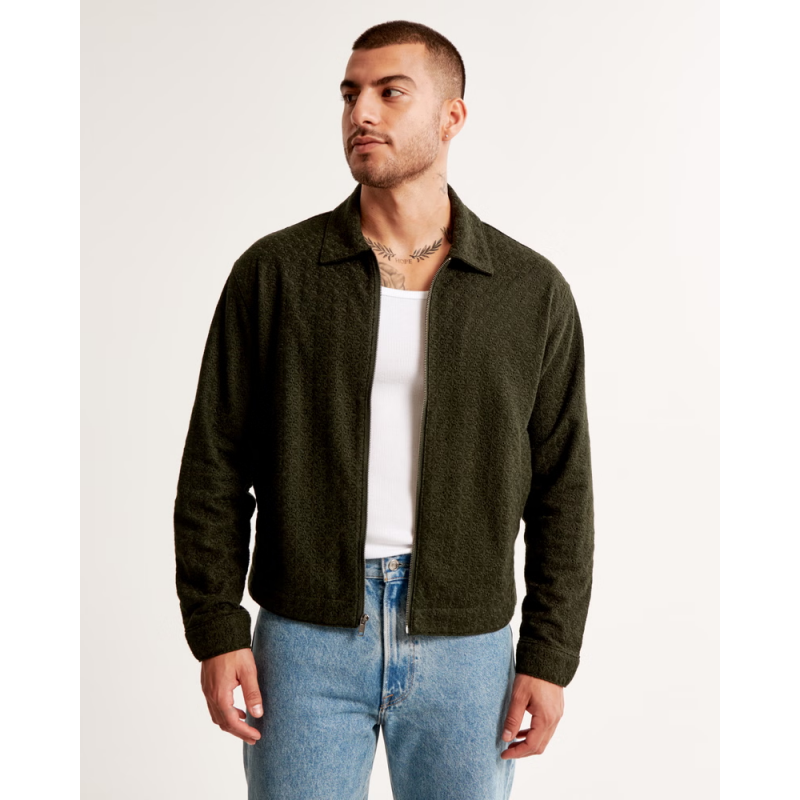 Cropped Lace Zipper Green Graphic Trucker Jacket